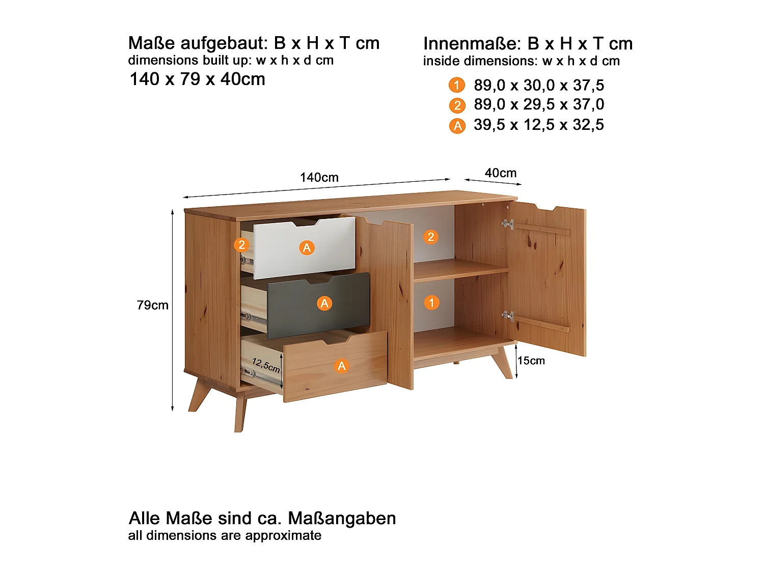 Scandik buffet 2 portes, 3 tiroirs miel,blanc,gris.