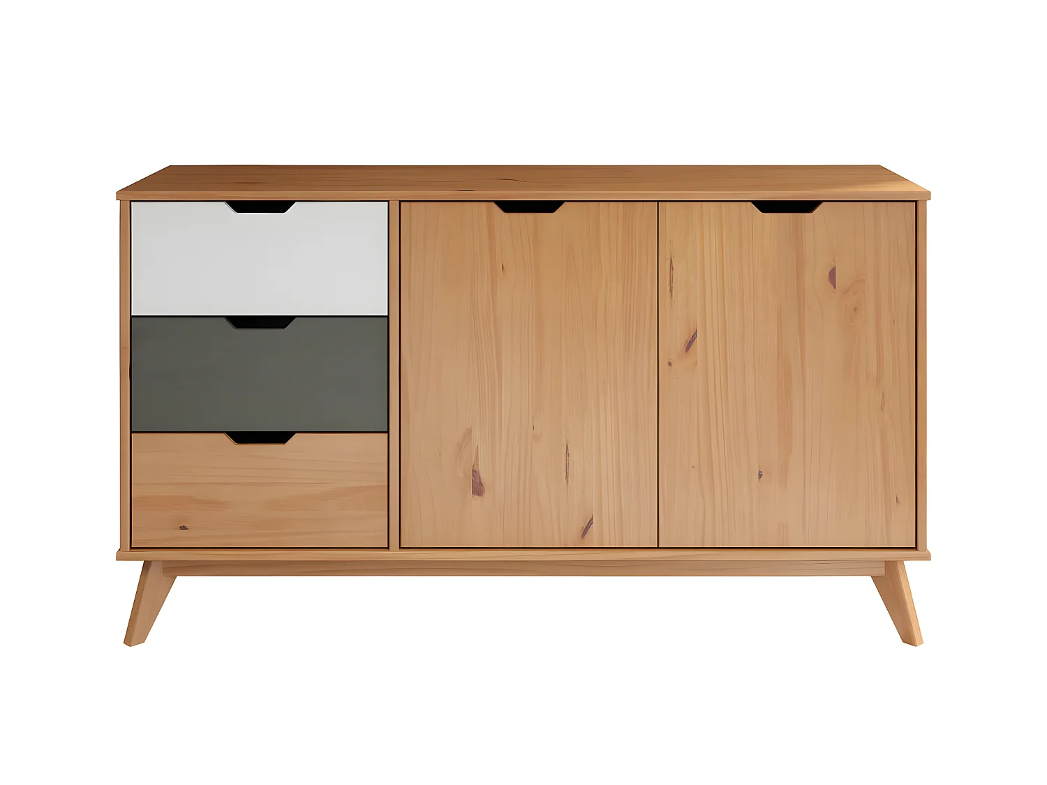 Scandik dressoir 2 deuren, 3 laden honing,wit,grijs.