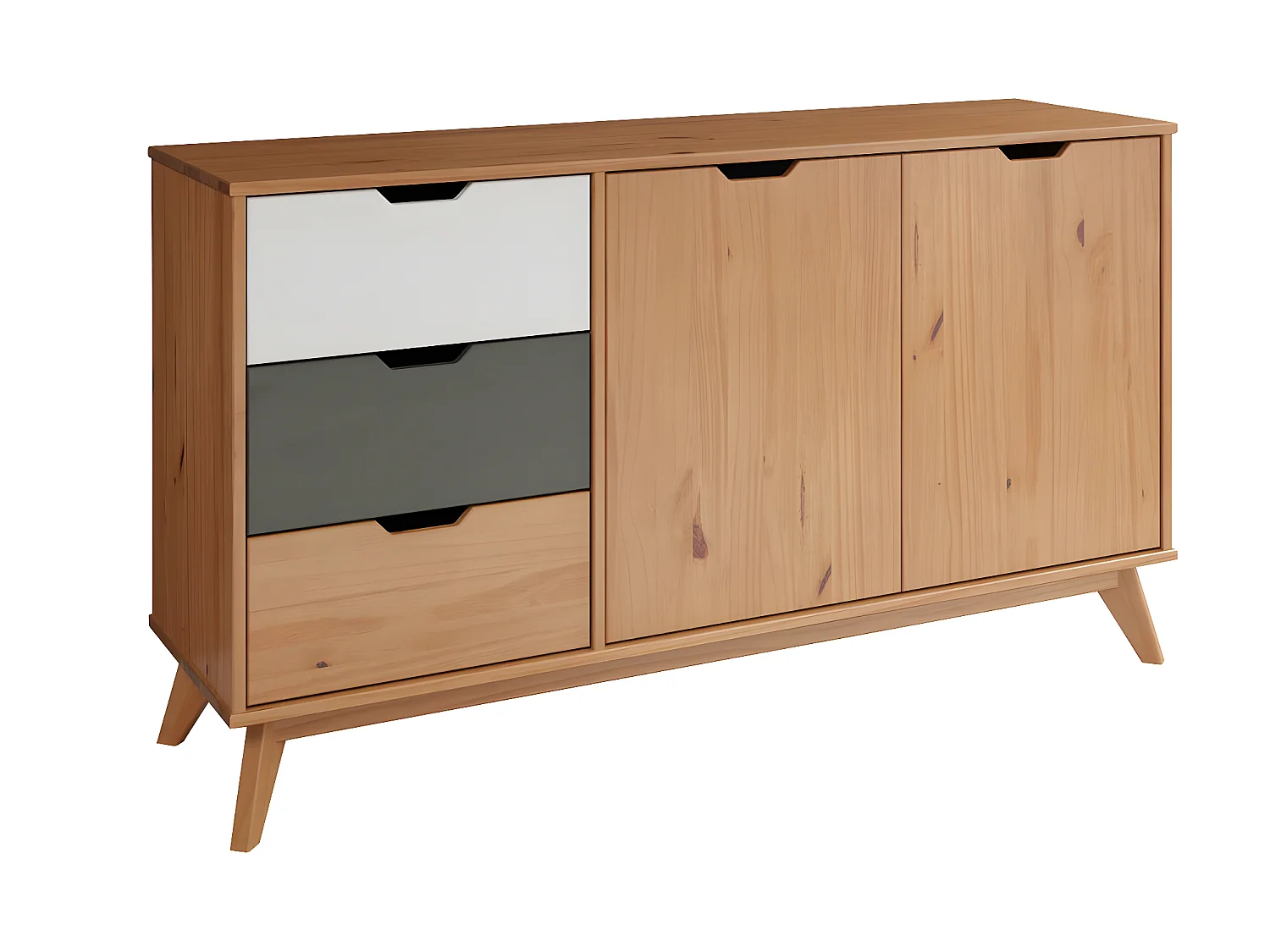 Scandik dressoir 2 deuren, 3 laden honing,wit,grijs.