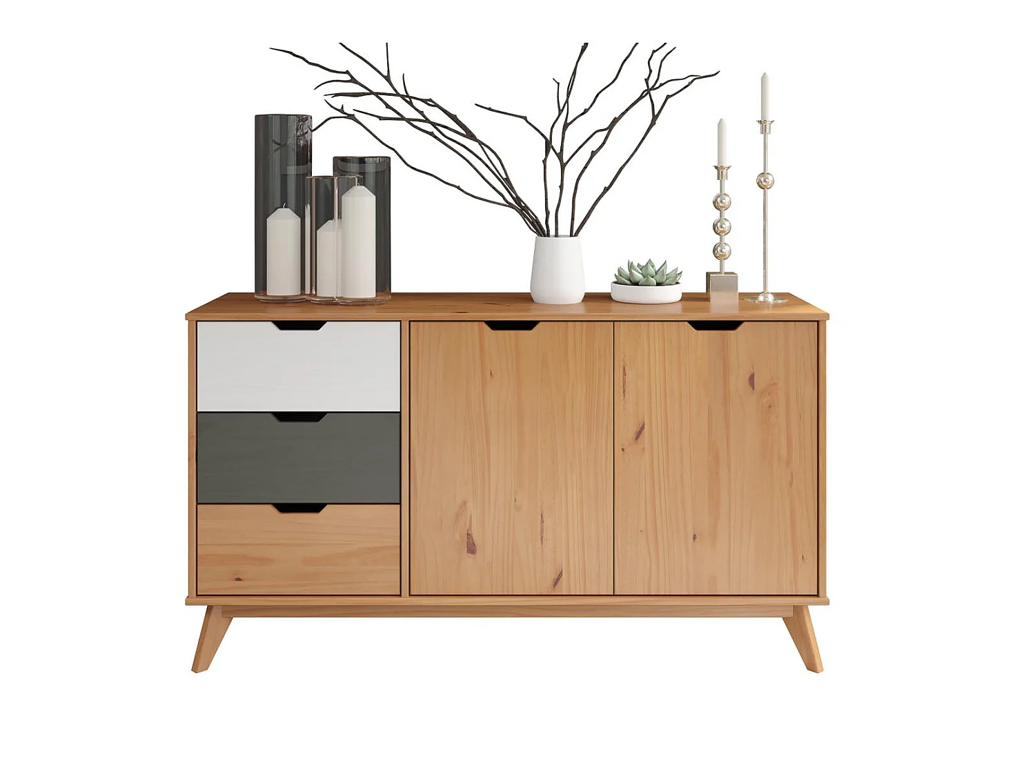 Scandik dressoir 2 deuren, 3 laden honing,wit,grijs.