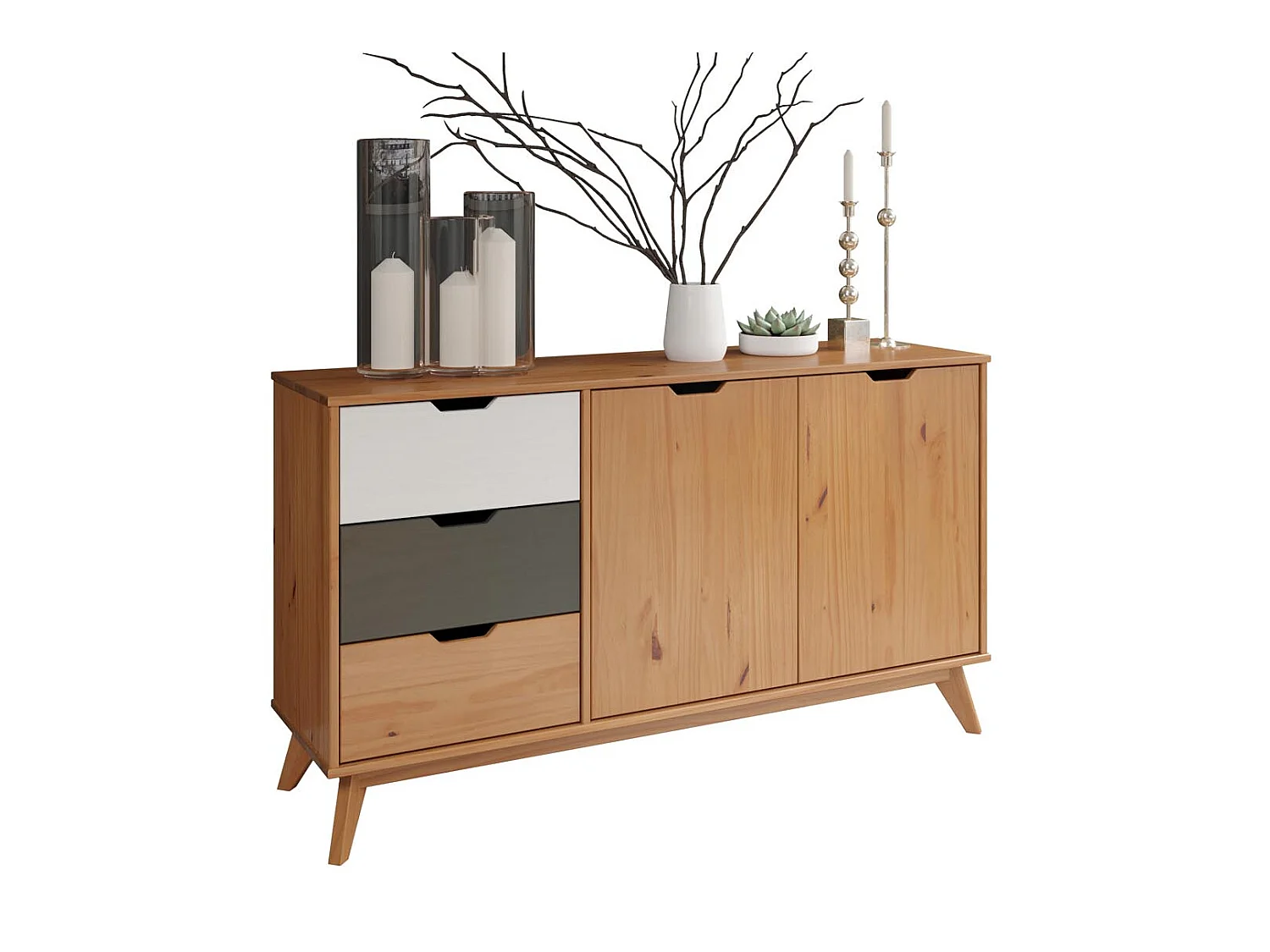 Scandik dressoir 2 deuren, 3 laden honing,wit,grijs.