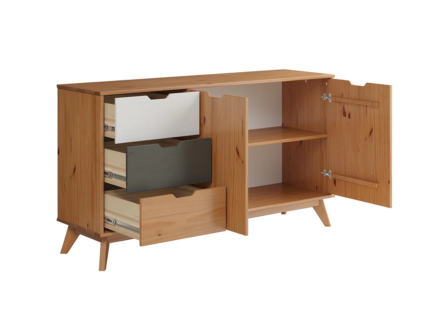 Scandik dressoir 2 deuren, 3 laden honing,wit,grijs.