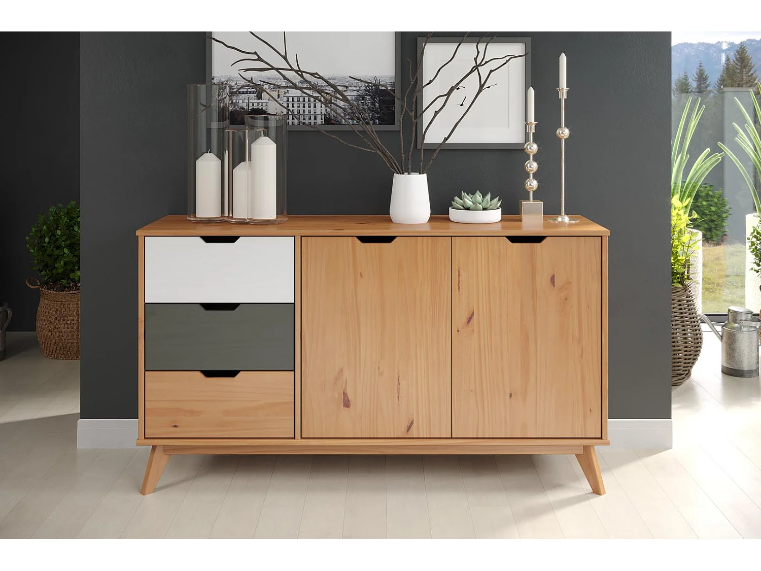 Scandik dressoir 2 deuren, 3 laden honing,wit,grijs.