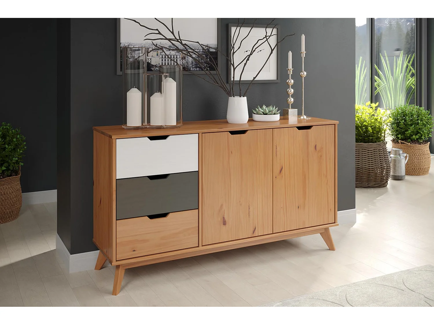 Scandik dressoir 2 deuren, 3 laden honing,wit,grijs.