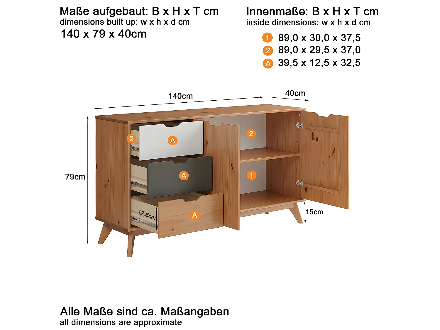 Scandik dressoir 2 deuren, 3 laden honing,wit,grijs.