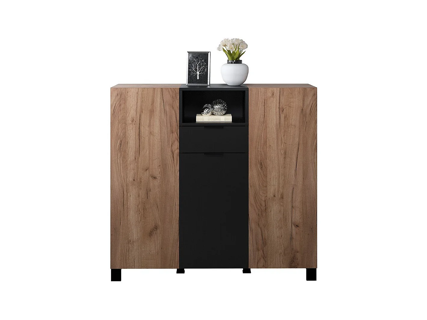 Kendo dressoir 3 deuren, 1 lade, 1 plank, eik decor, zwart mat.