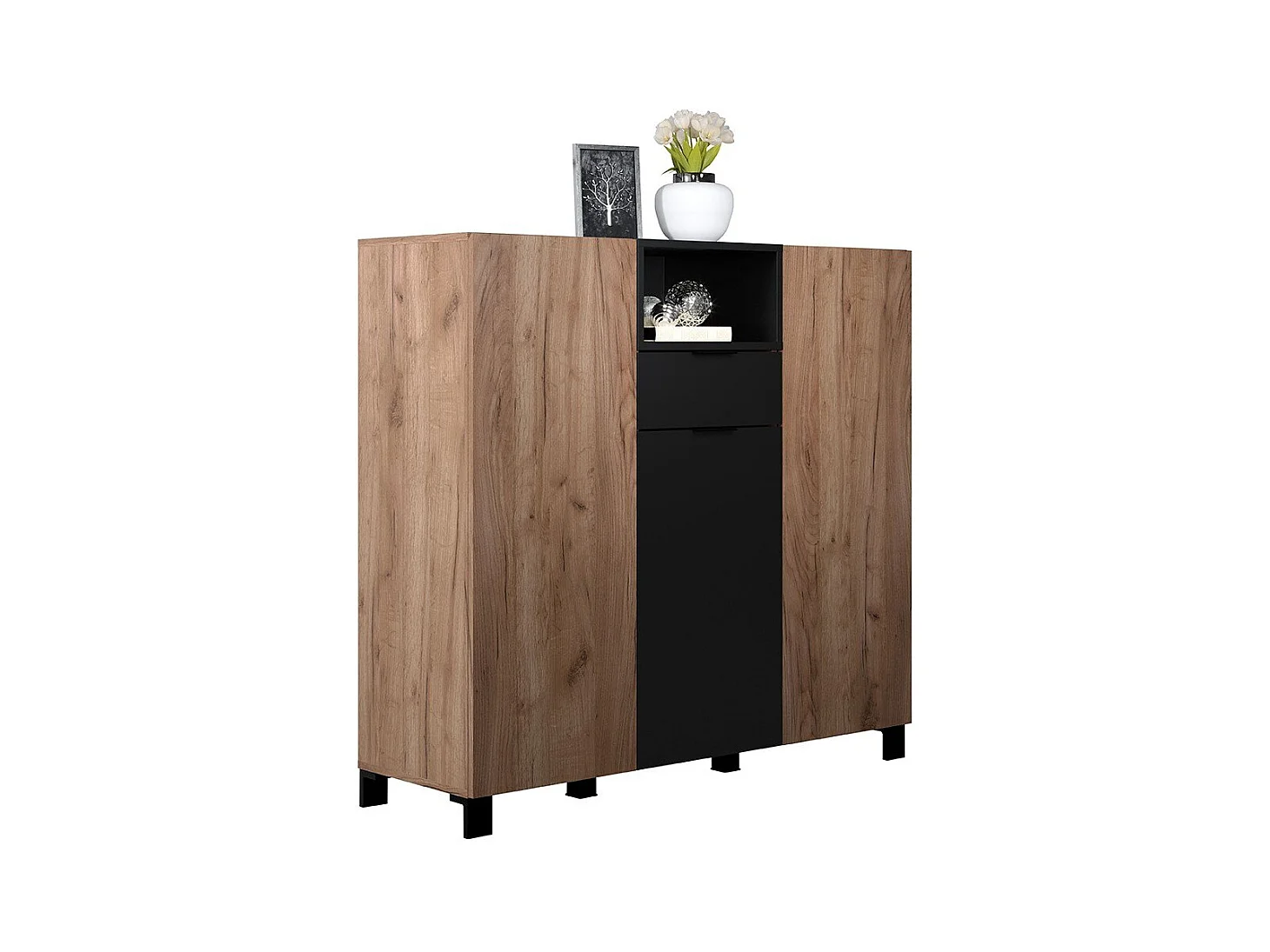Kendo dressoir 3 deuren, 1 lade, 1 plank, eik decor, zwart mat.