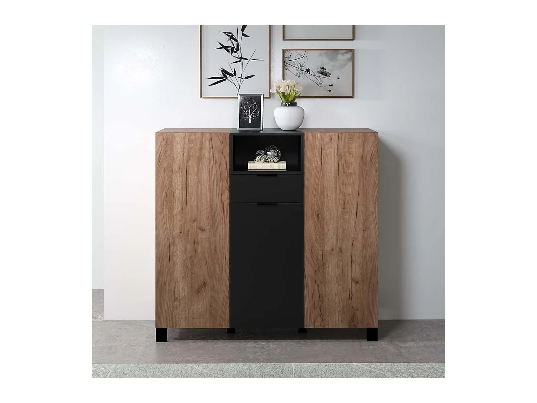Kendo dressoir 3 deuren, 1 lade, 1 plank, eik decor, zwart mat.