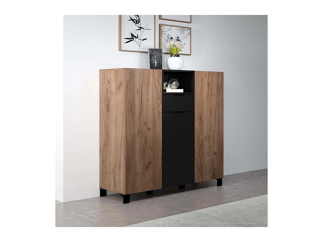 Kendo dressoir 3 deuren, 1 lade, 1 plank, eik decor, zwart mat.