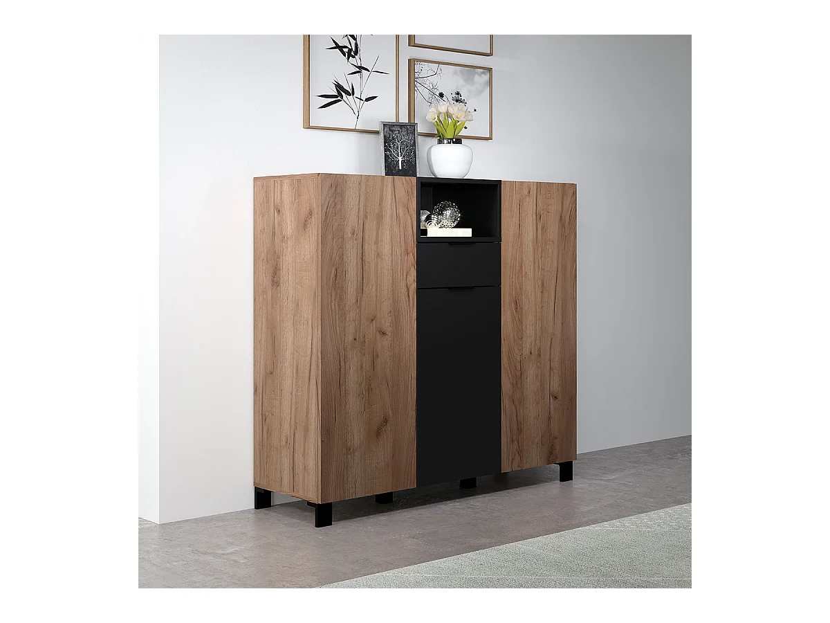 Kendo dressoir 3 deuren, 1 lade, 1 plank, eik decor, zwart mat.