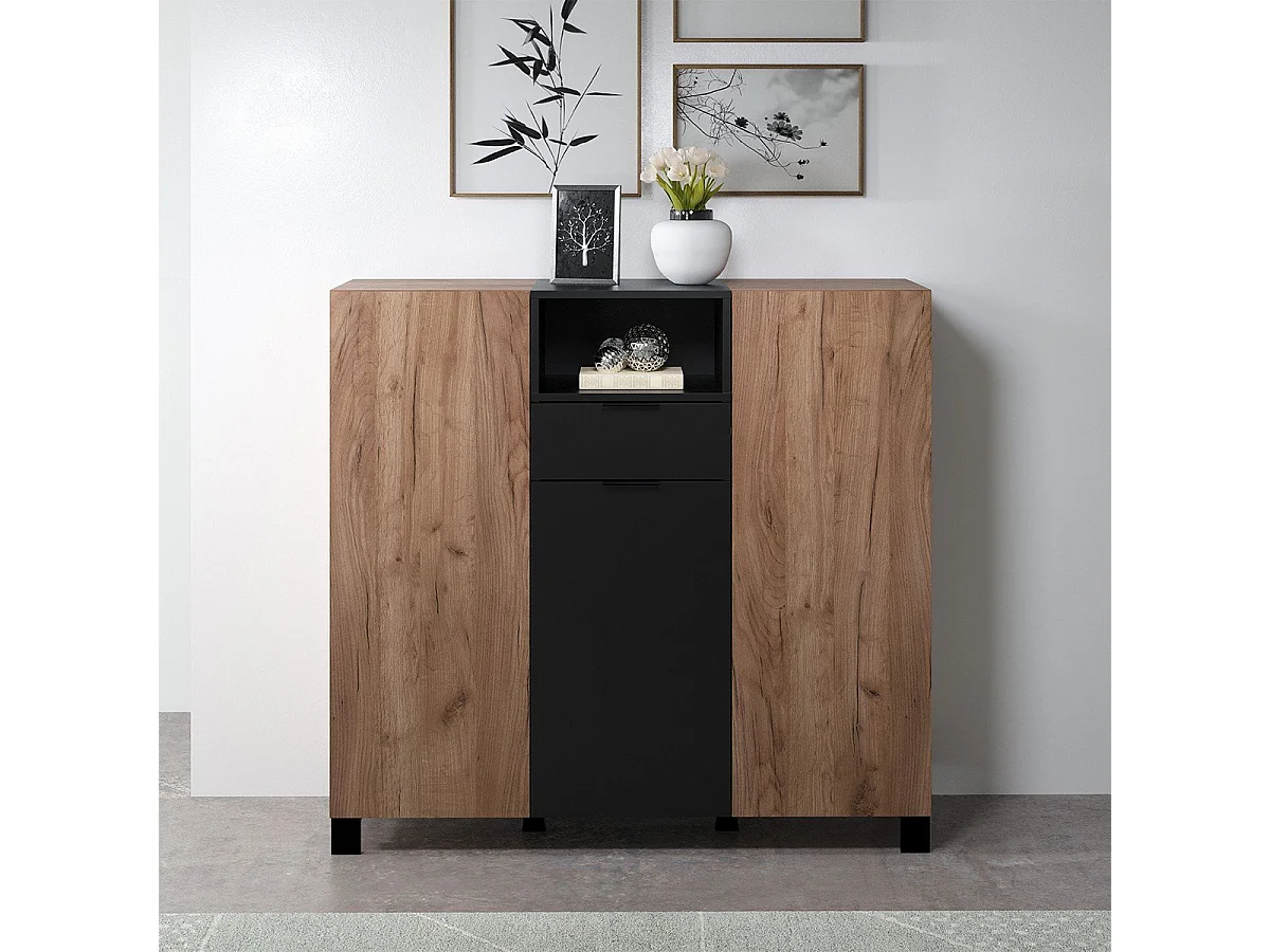 Kendo dressoir 3 deuren, 1 lade, 1 plank, eik decor, zwart mat.