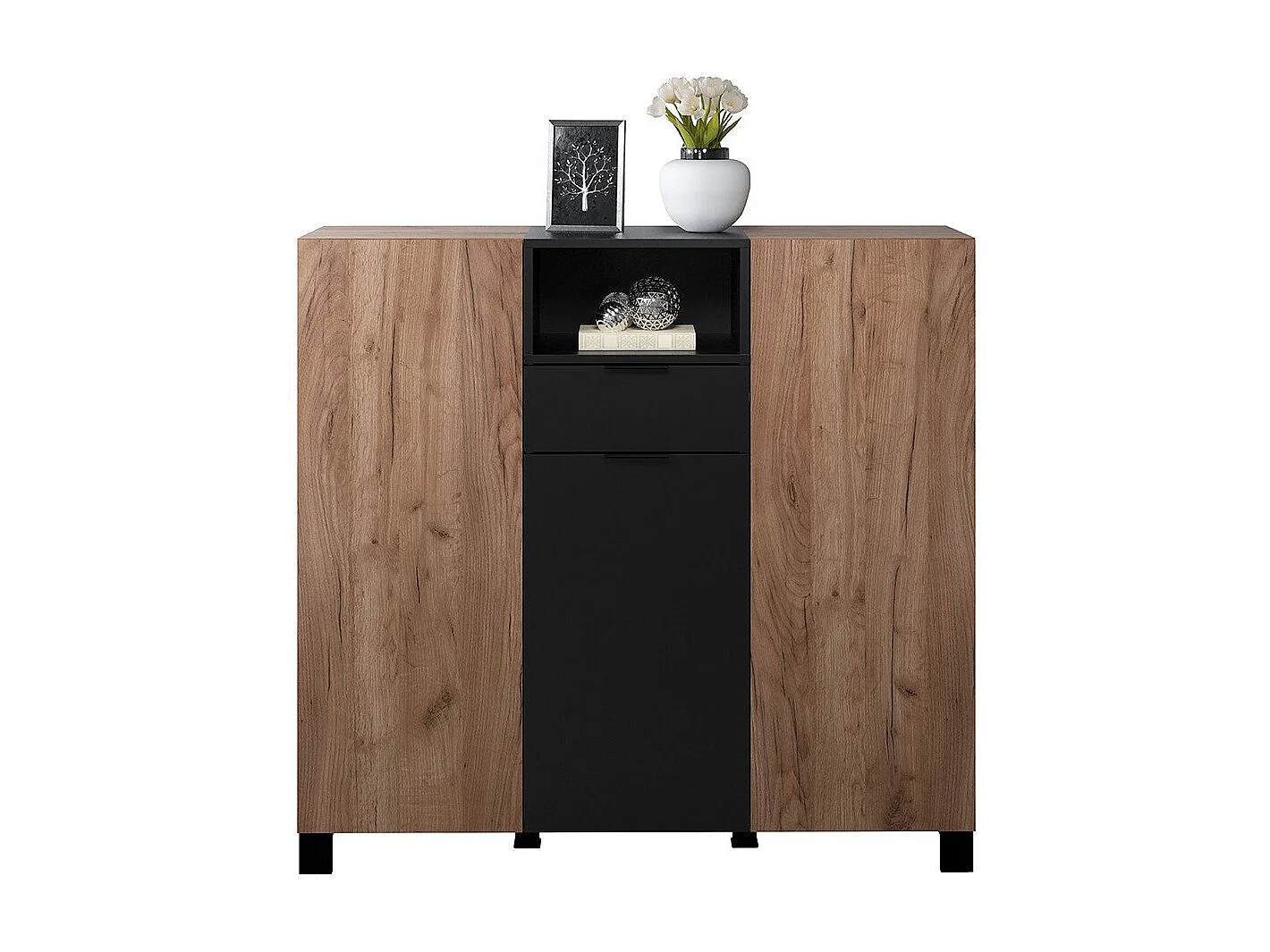 Kendo dressoir 3 deuren, 1 lade, 1 plank, eik decor, zwart mat.