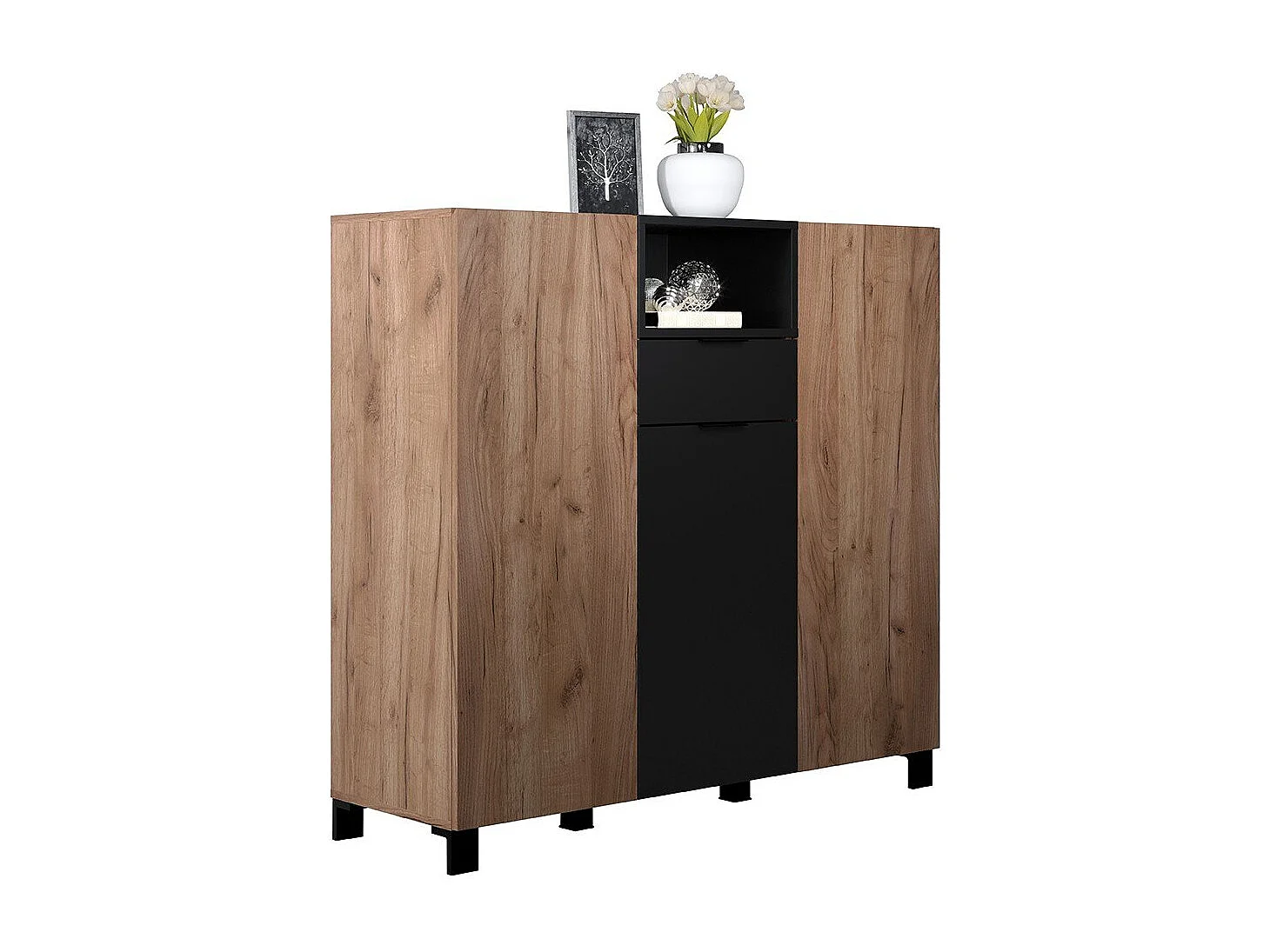 Kendo dressoir 3 deuren, 1 lade, 1 plank, eik decor, zwart mat.