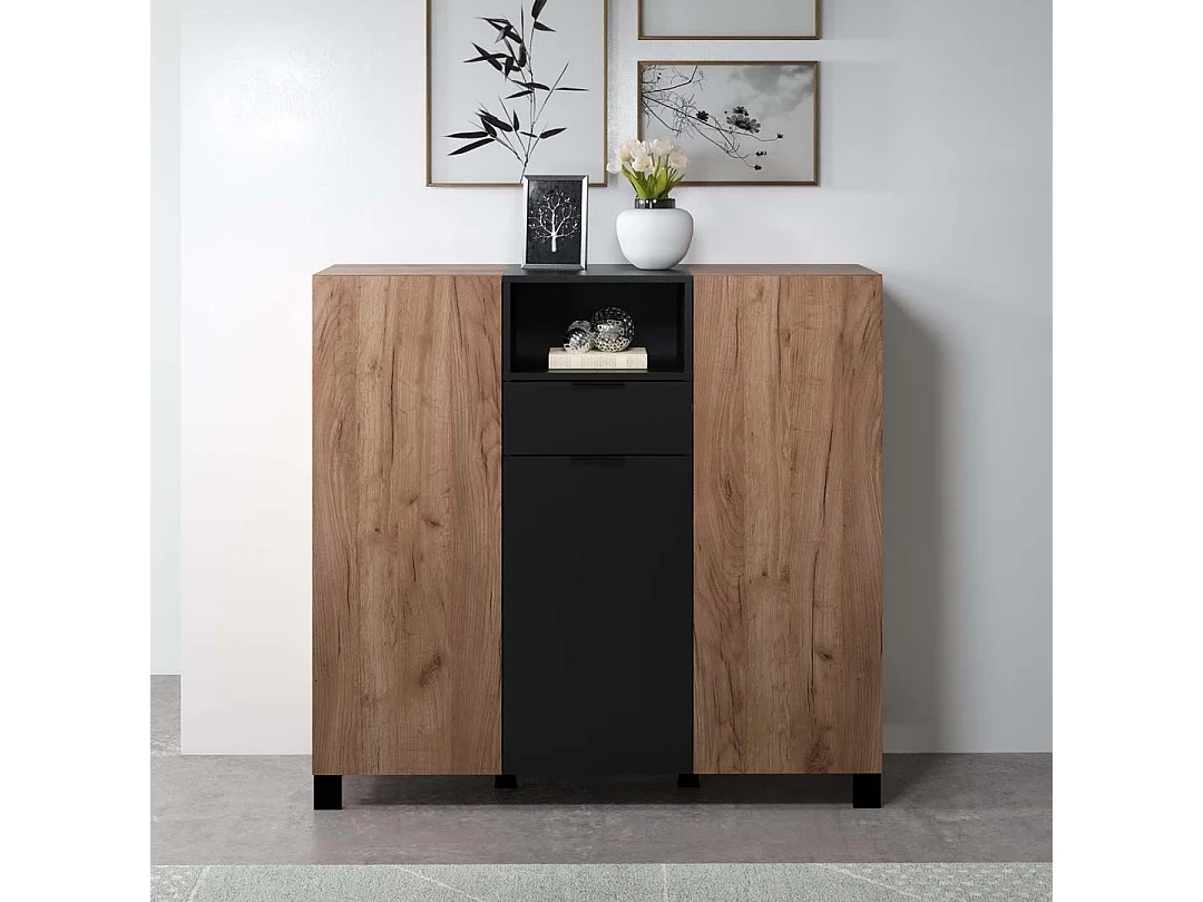 Kendo dressoir 3 deuren, 1 lade, 1 plank, eik decor, zwart mat.