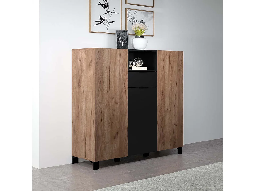 Kendo dressoir 3 deuren, 1 lade, 1 plank, eik decor, zwart mat.