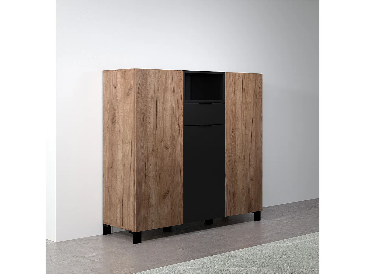 Kendo dressoir 3 deuren, 1 lade, 1 plank, eik decor, zwart mat.