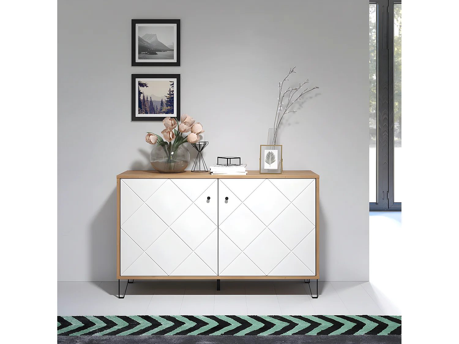 Touch Sideboard 2 Türen Eiche Dekor, weiß matt.