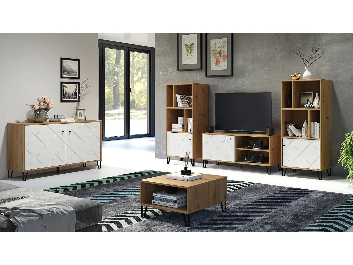 Touch Sideboard 2 Türen Eiche Dekor, weiß matt.