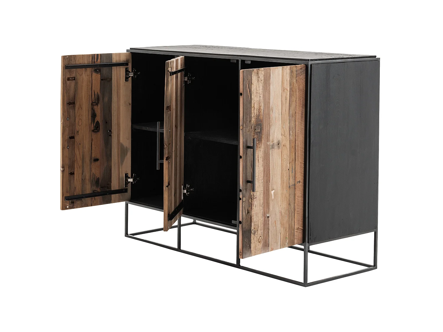 Rustika Buffet avec 3 portes, bois de bateau, rustique et noir.