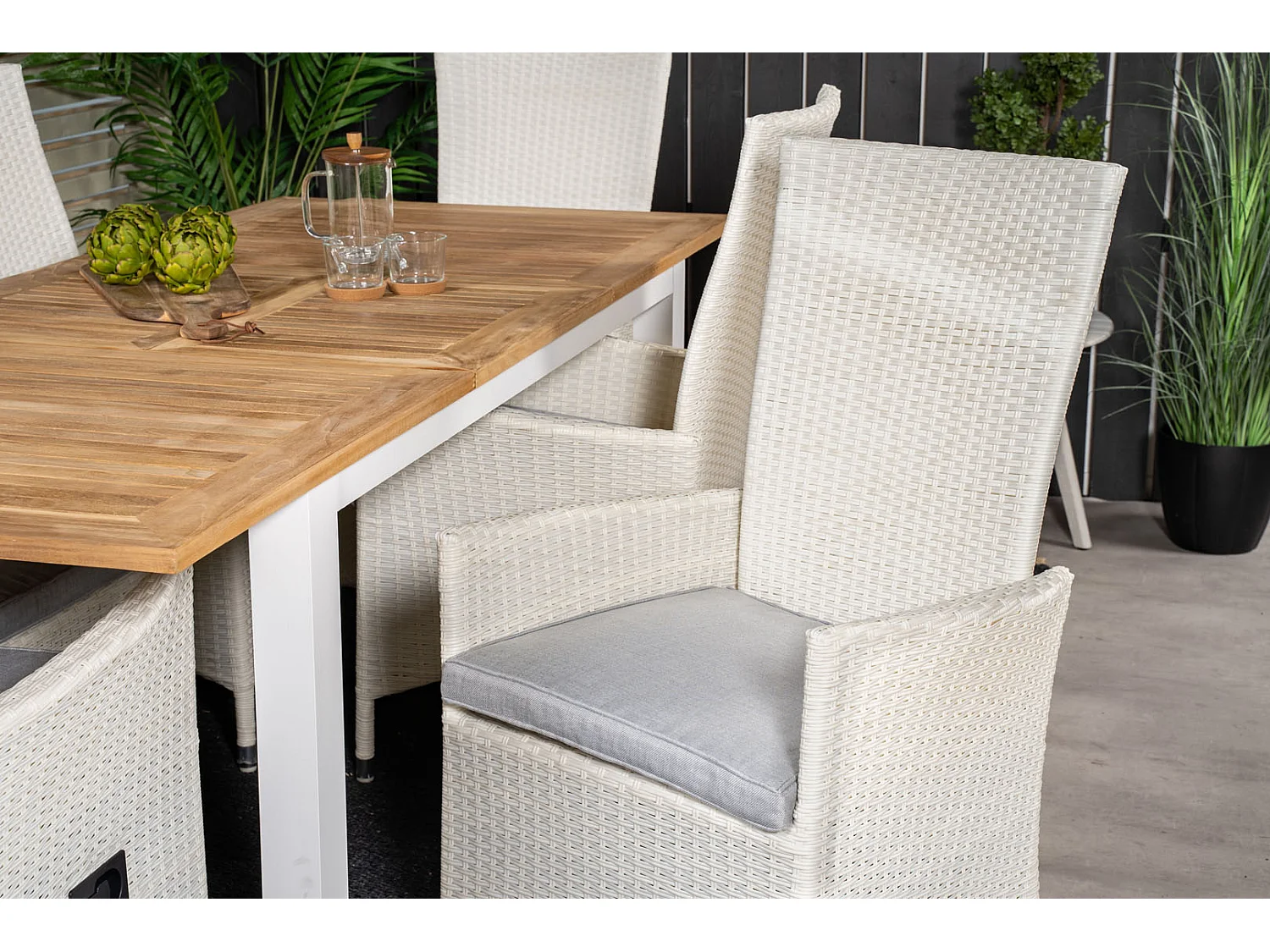 Padova Chaise de jardin avec accoudoirs, coussins inclus, réglable, blanc, gris.