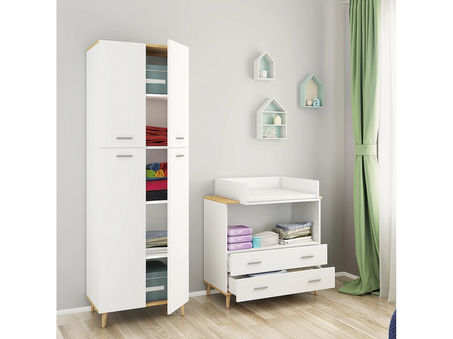 Changing chest of drawers Lindas White / Honey oak H. 93 x W. 80 x D. 49