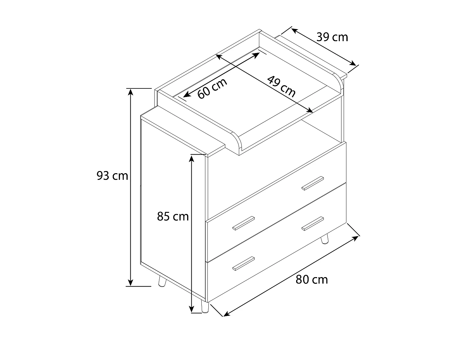 Changing chest of drawers Lindas White / Honey oak H. 93 x W. 80 x D. 49