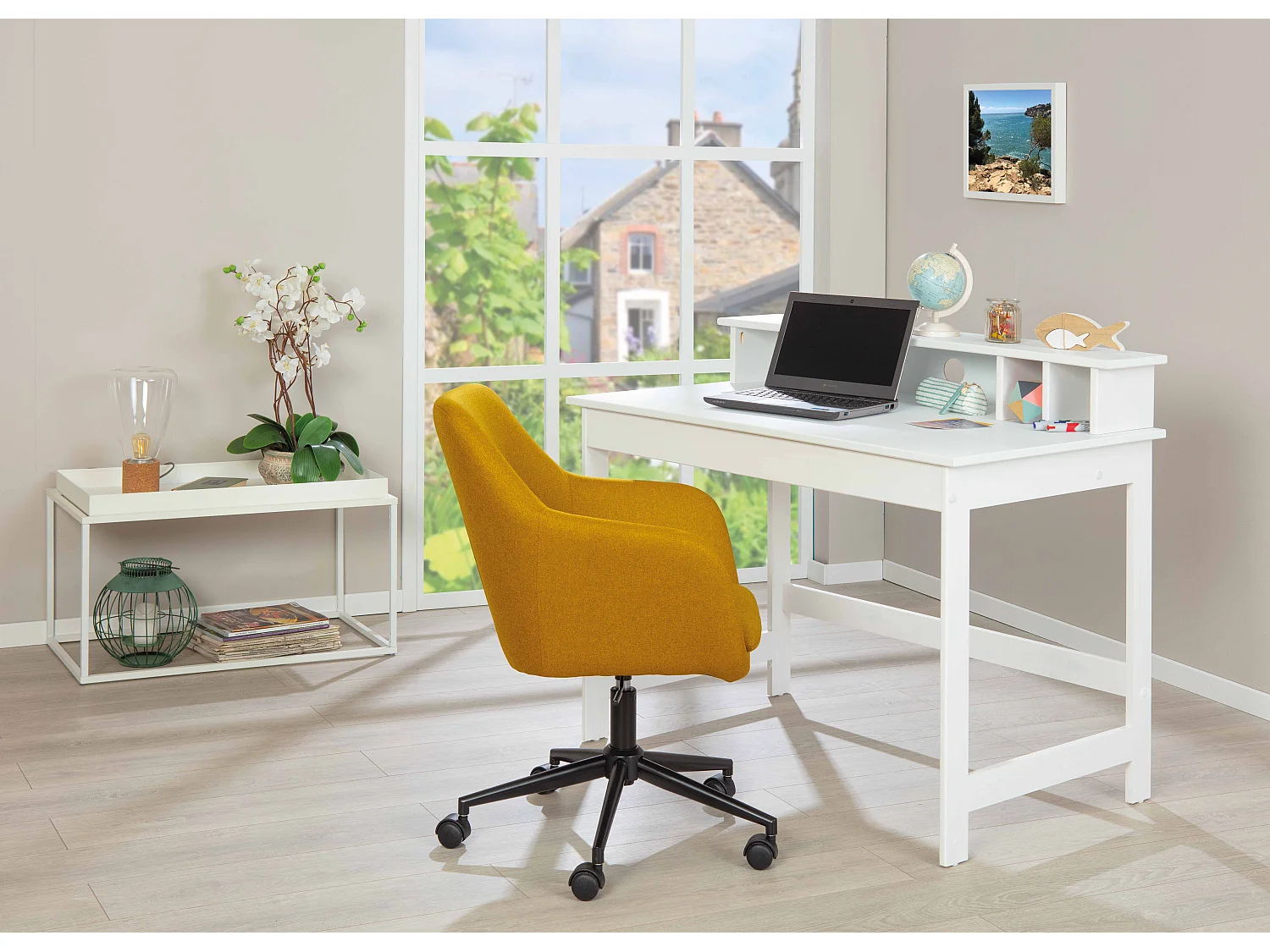 Hirsa Bureau avec 3 espaces ouverts, blanc laqué.