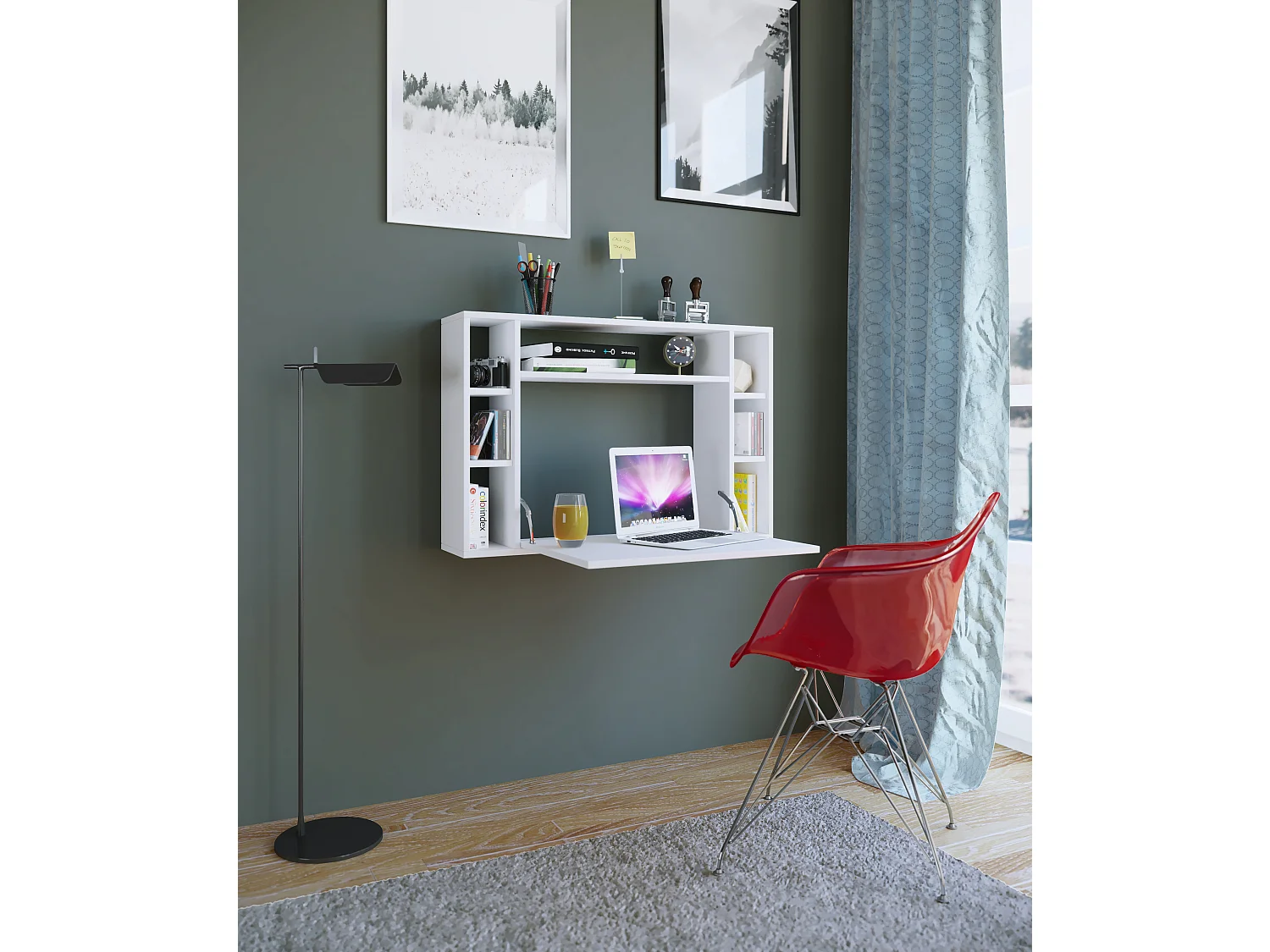 Wandila Bureau mural pour ordinateur portable, 7 compartiments, blanc.