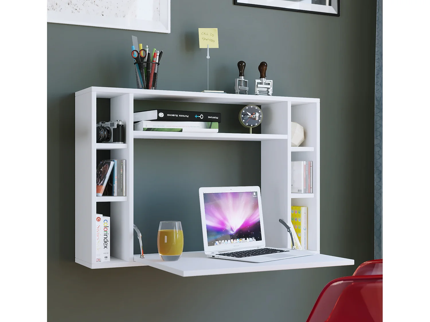 Wandila Bureau mural pour ordinateur portable, 7 compartiments, blanc.