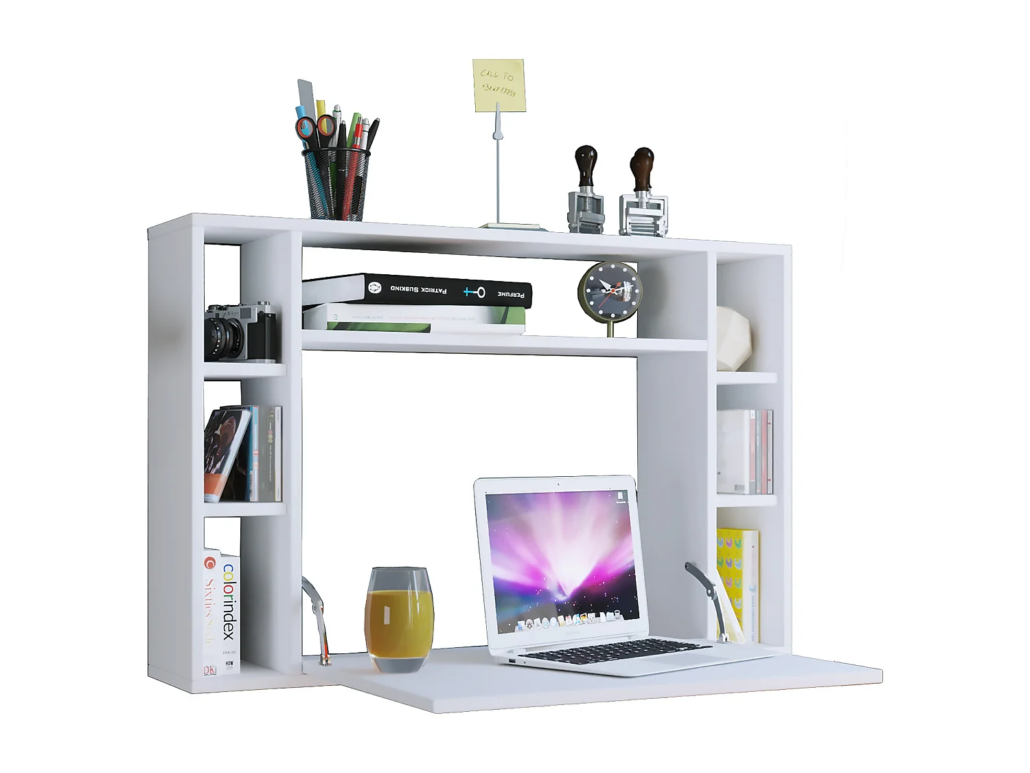 Wandila Bureau mural pour ordinateur portable, 7 compartiments, blanc.