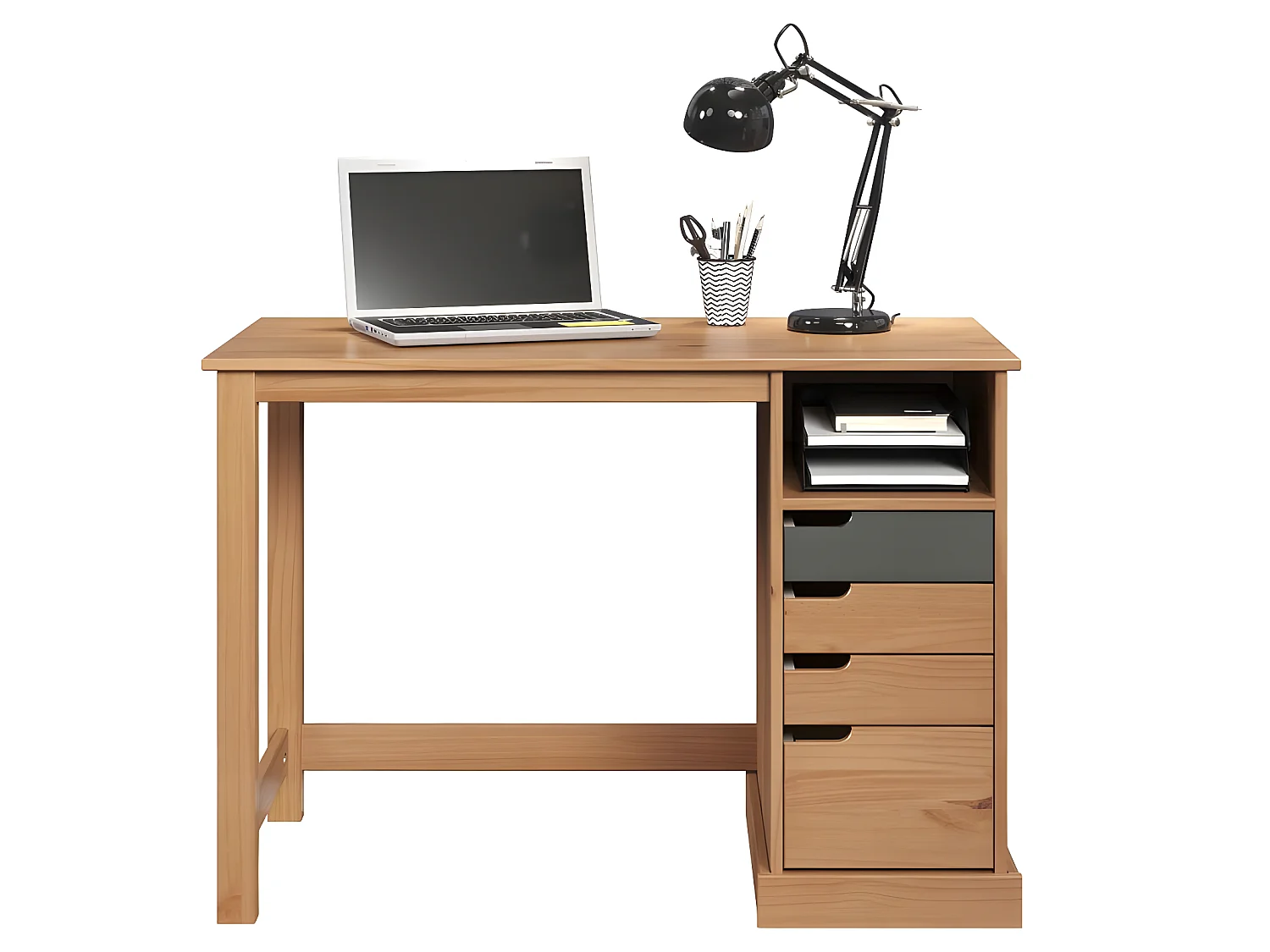 Mestre bureau 1 tablette, 3 petit, 1 grand tiroir miel,gris.