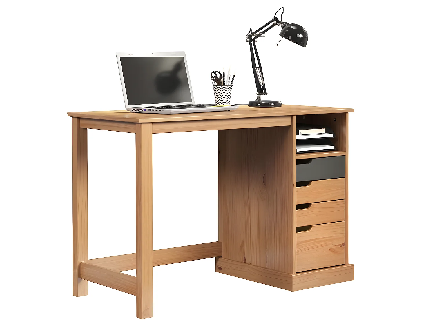 Mestre bureau 1 tablette, 3 petit, 1 grand tiroir miel,gris.