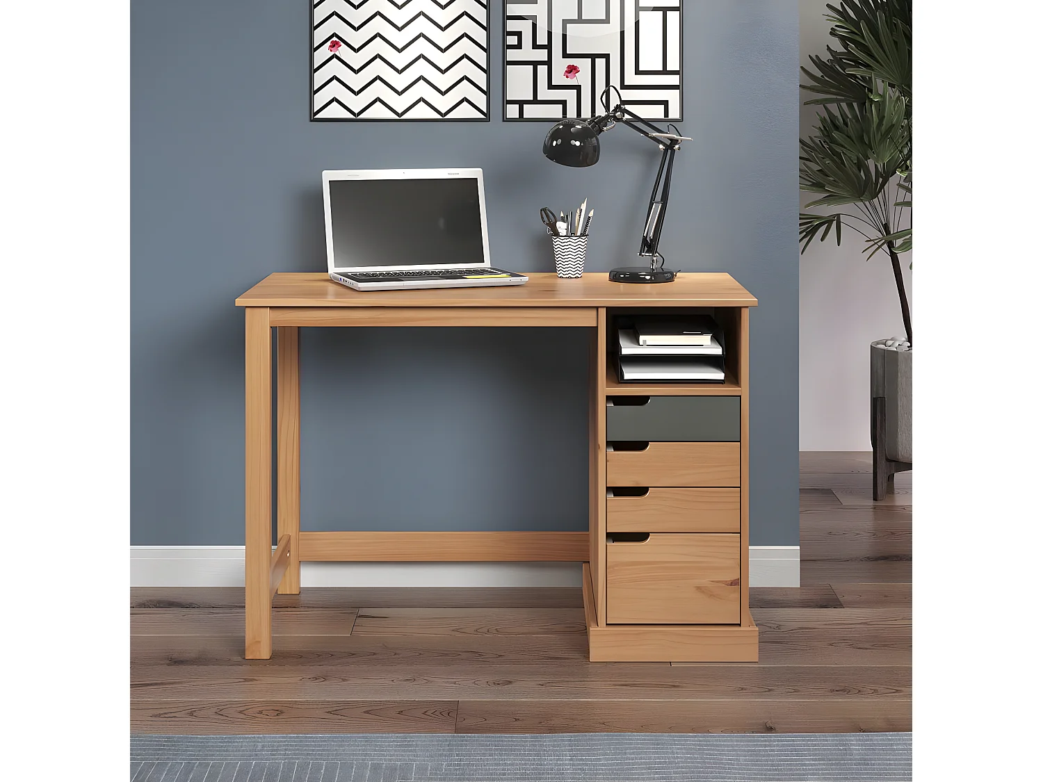 Mestre bureau 1 tablette, 3 petit, 1 grand tiroir miel,gris.