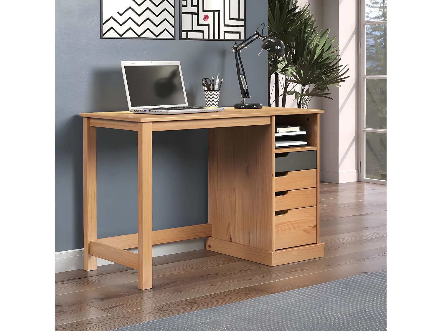 Mestre bureau 1 tablette, 3 petit, 1 grand tiroir miel,gris.