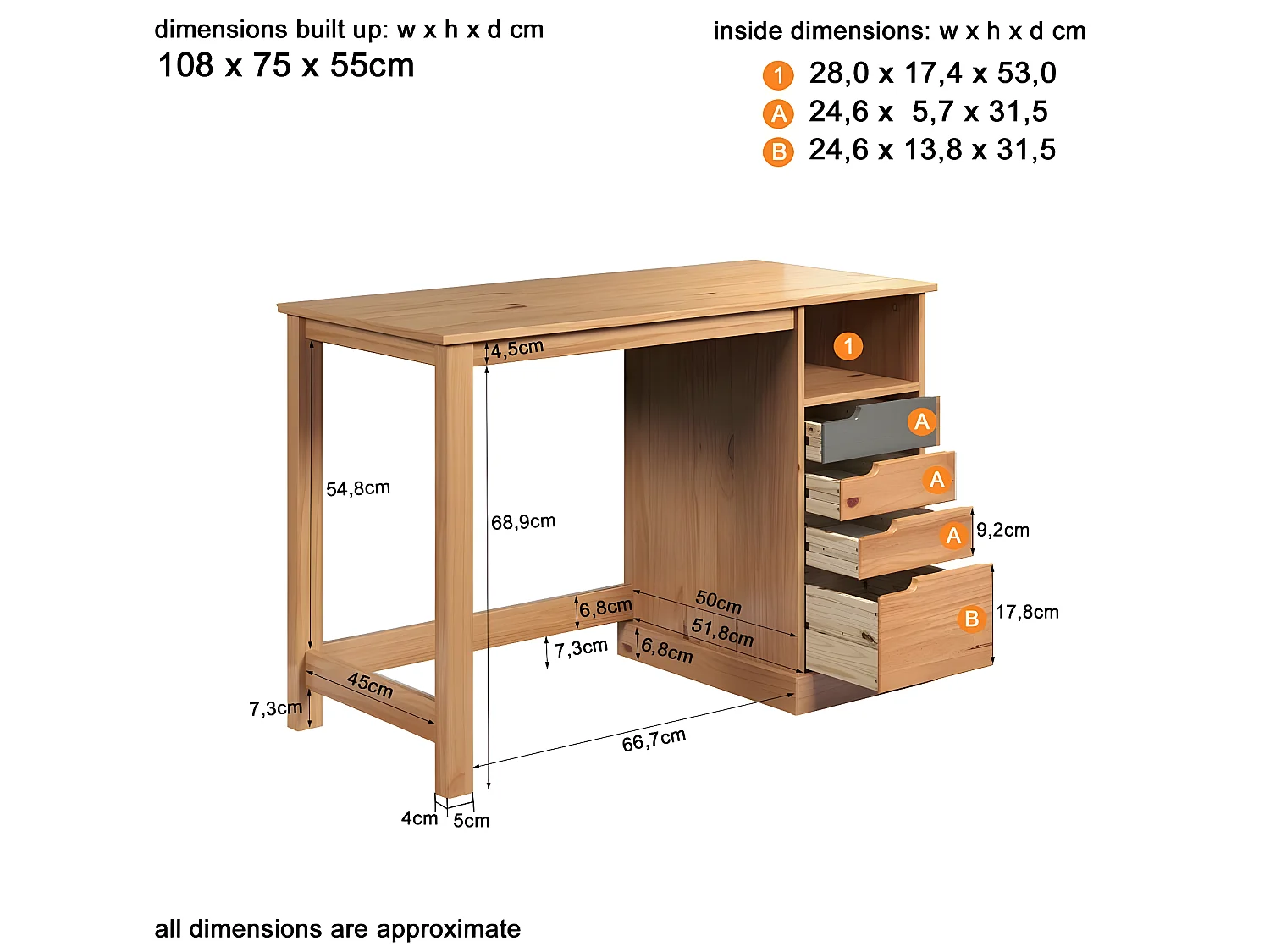 Mestre bureau 1 tablette, 3 petit, 1 grand tiroir miel,gris.