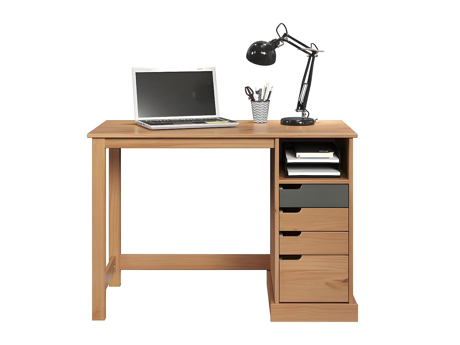 Mestre bureau 1 tablette, 3 petit, 1 grand tiroir miel,gris.
