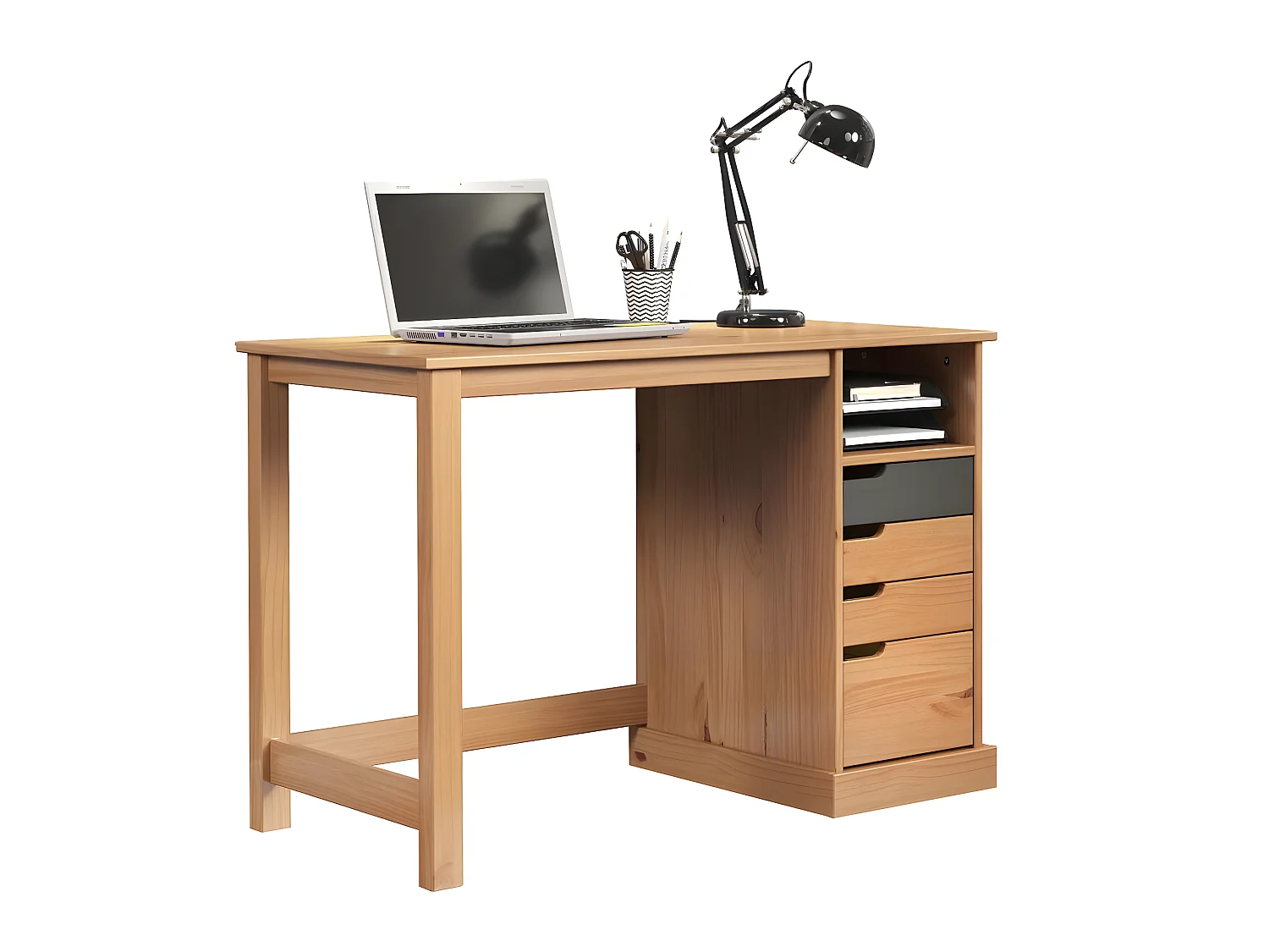 Mestre bureau 1 tablette, 3 petit, 1 grand tiroir miel,gris.
