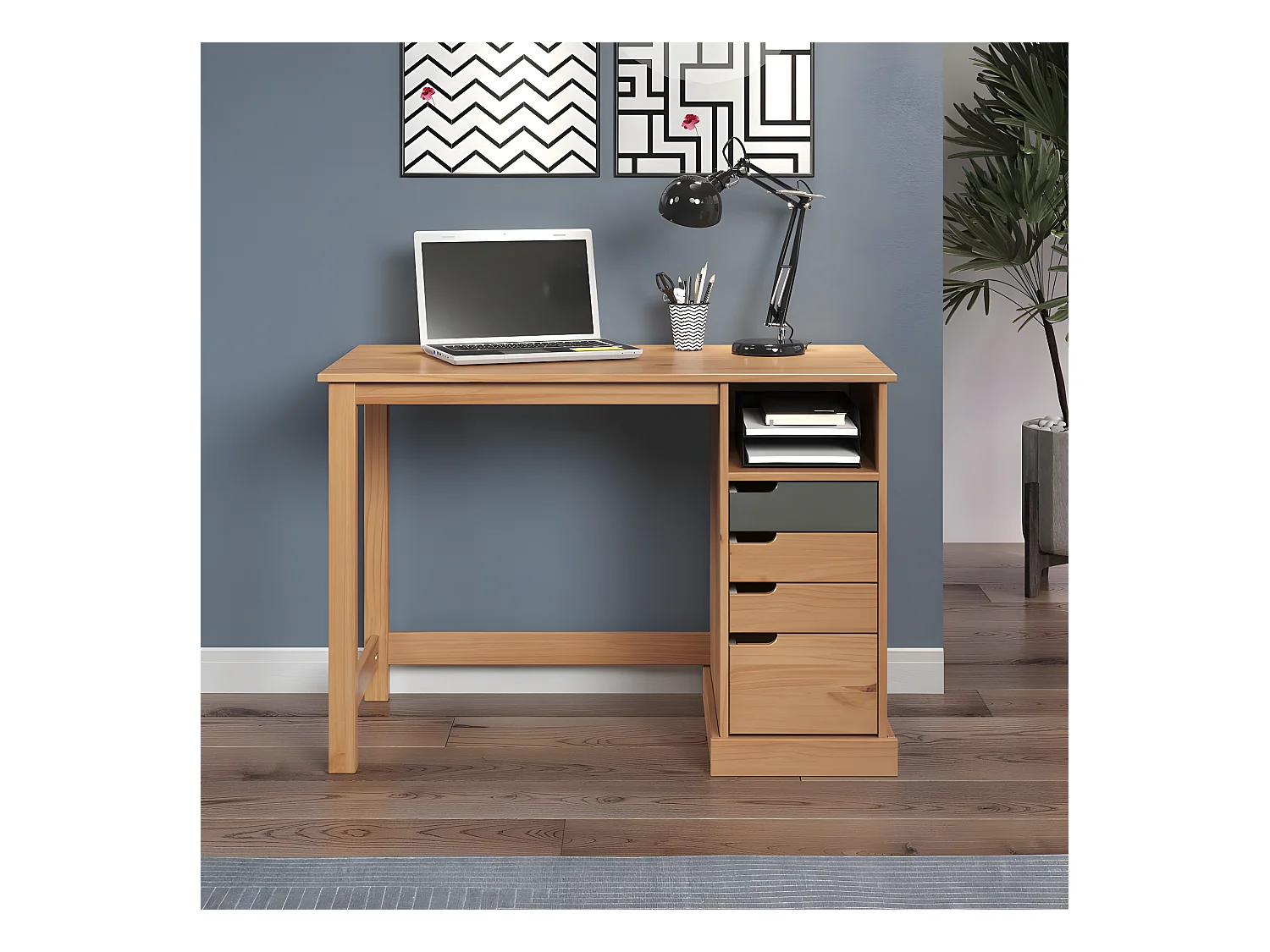 Mestre bureau 1 tablette, 3 petit, 1 grand tiroir miel,gris.
