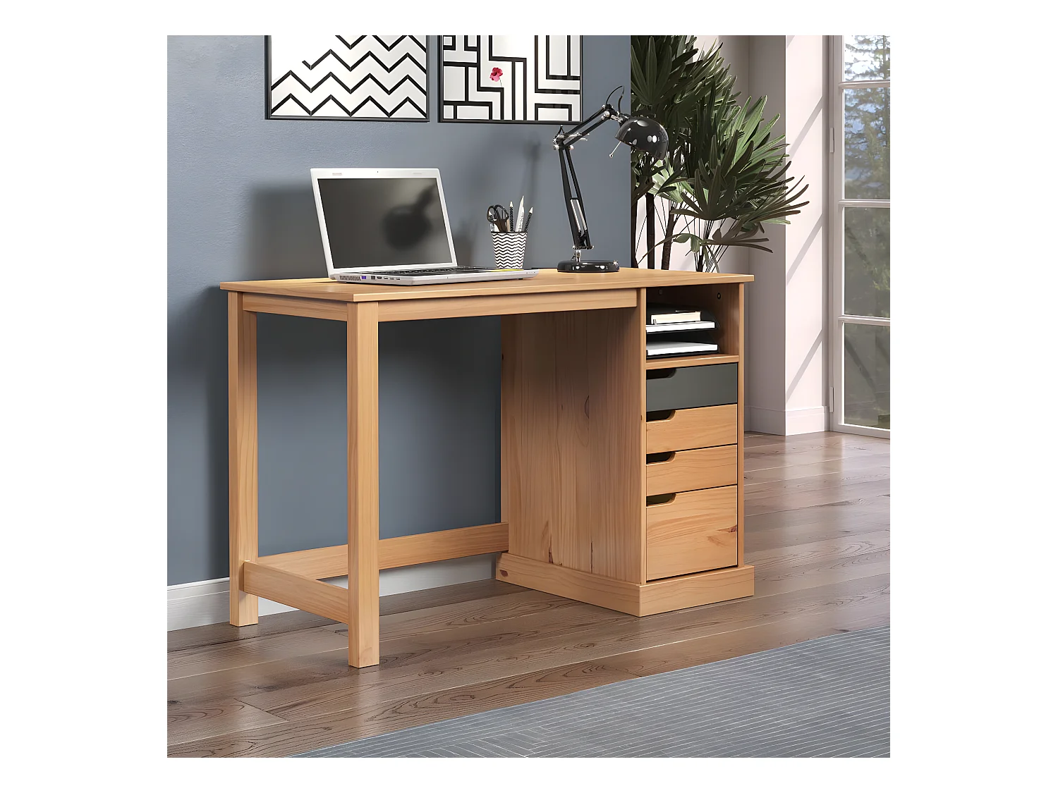 Mestre bureau 1 tablette, 3 petit, 1 grand tiroir miel,gris.