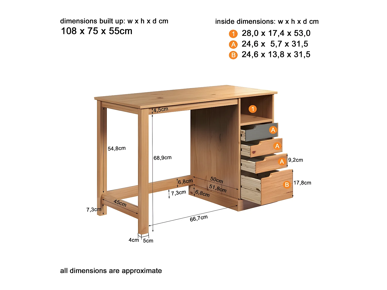 Mestre bureau 1 tablette, 3 petit, 1 grand tiroir miel,gris.