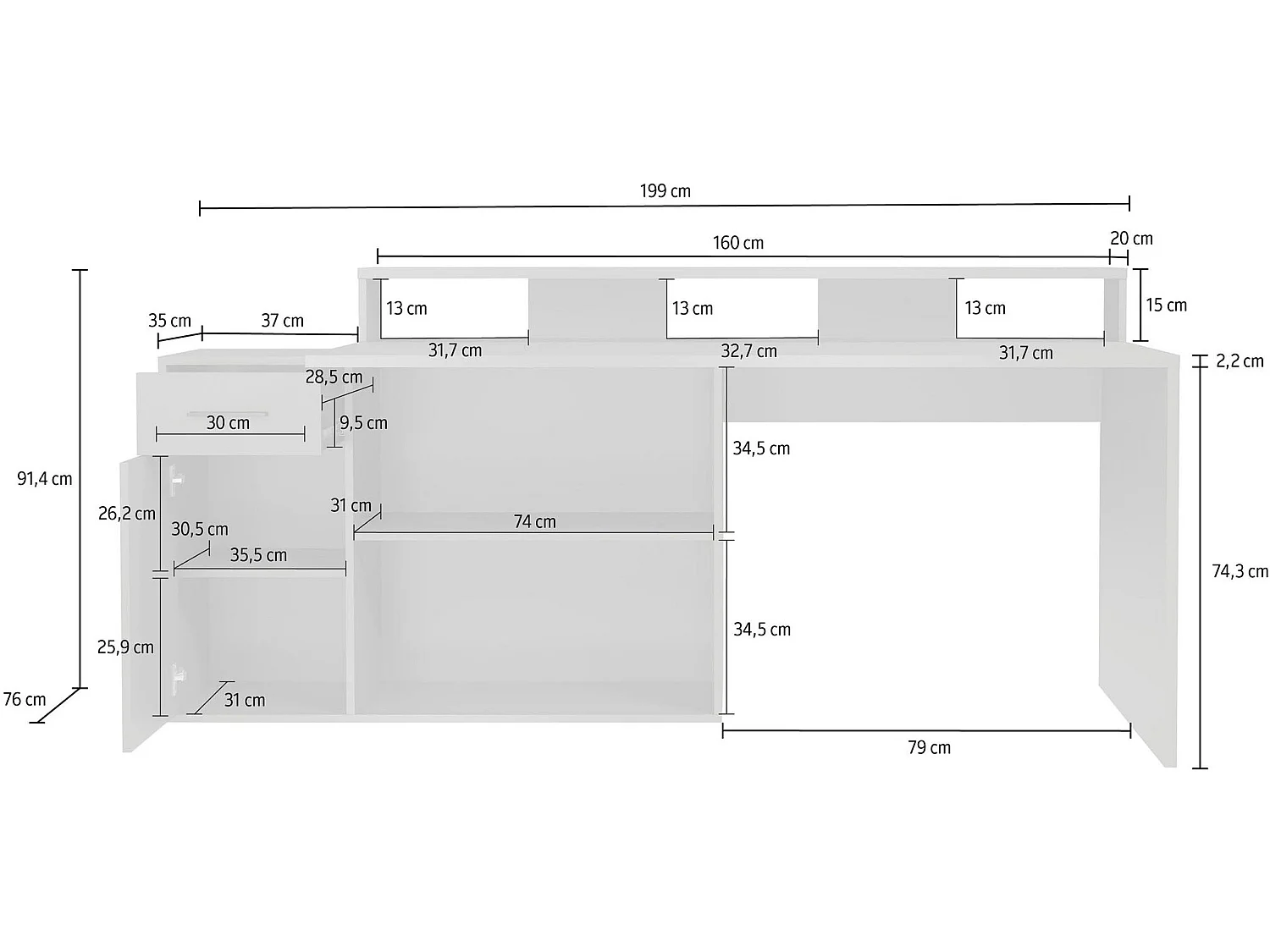 GamerBüro Mobilier de bureau Gamer, 1 porte, 1 tiroir, 2 espaces ouverts, blanc, gris.
