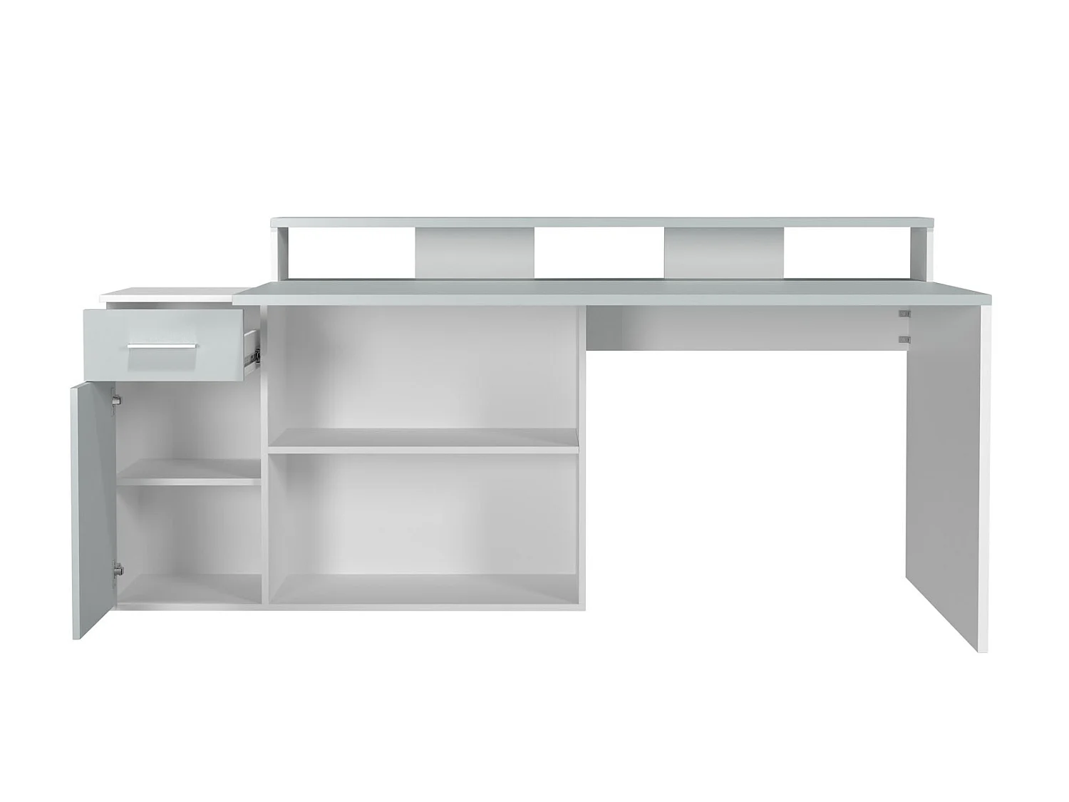GamerBüro Mobilier de bureau Gamer, 1 porte, 1 tiroir, 2 espaces ouverts, blanc, gris.