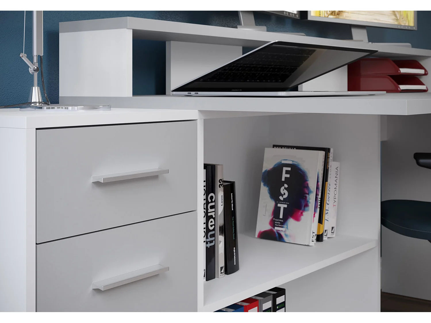 GamerBüro Mobilier de bureau Gamer, 1 porte, 1 tiroir, 2 espaces ouverts, blanc, gris.