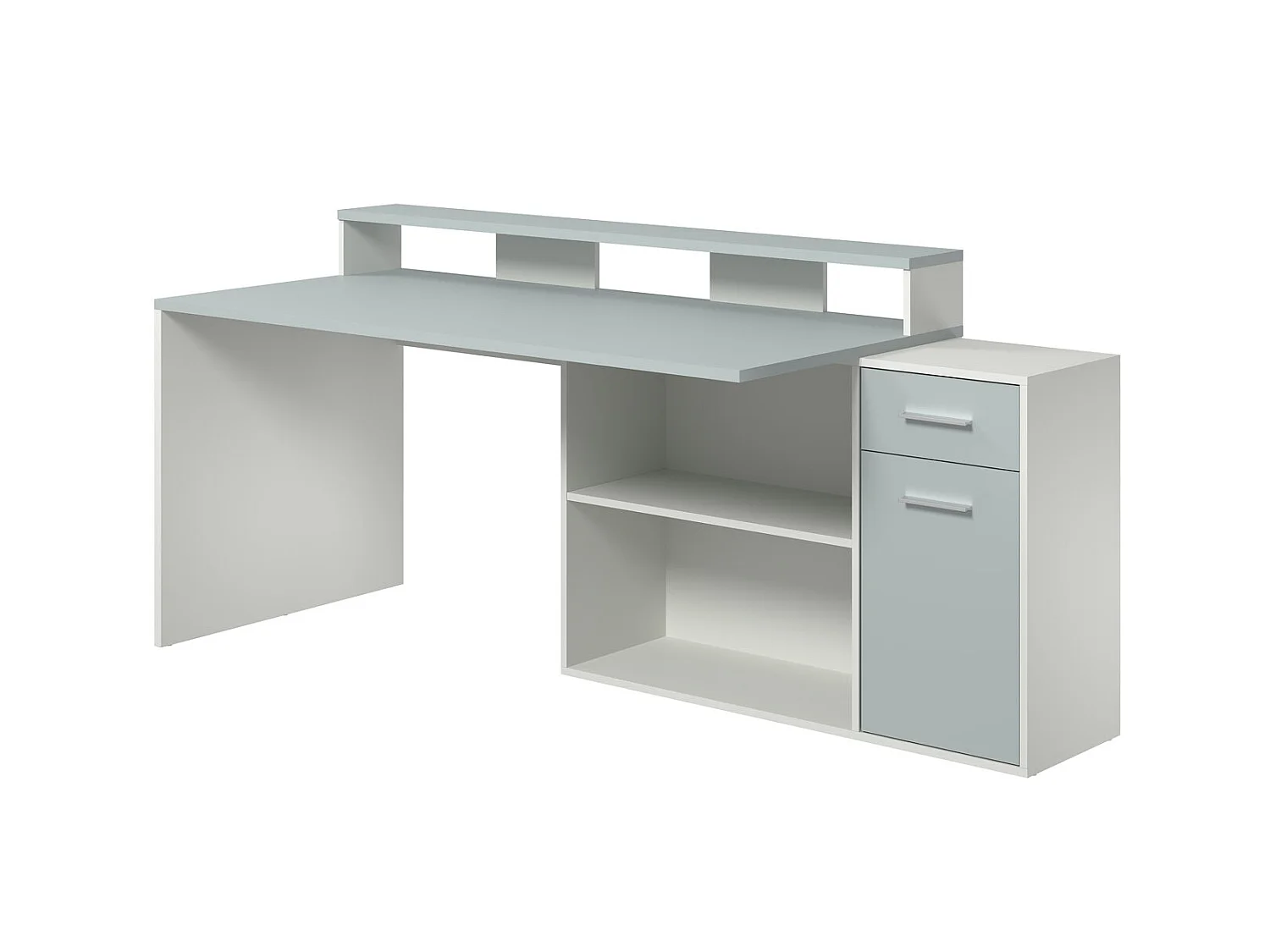 GamerBüro Mobilier de bureau Gamer, 1 porte, 1 tiroir, 2 espaces ouverts, blanc, gris.