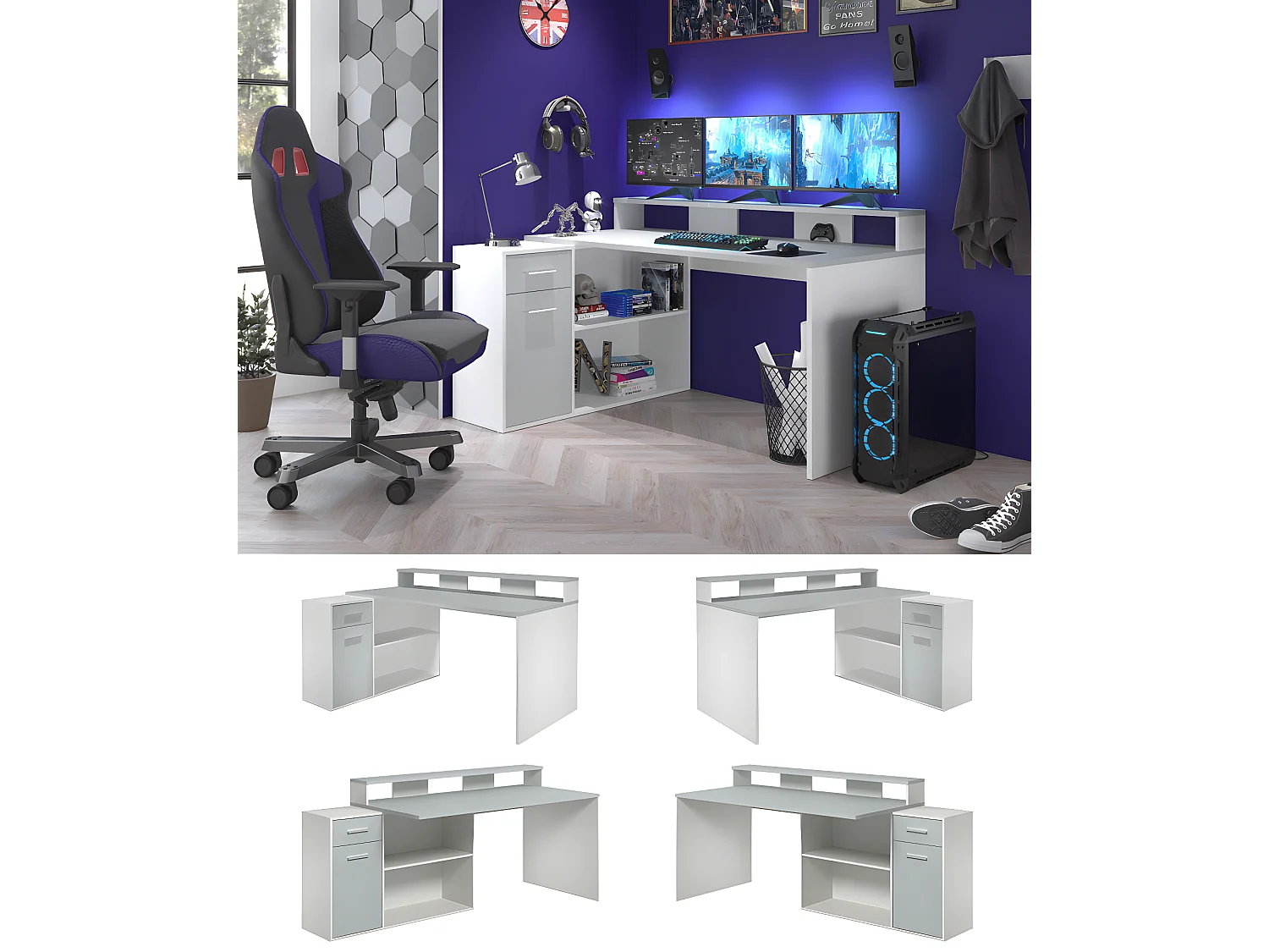 GamerBüro Mobilier de bureau Gamer, 1 porte, 1 tiroir, 2 espaces ouverts, blanc, gris.