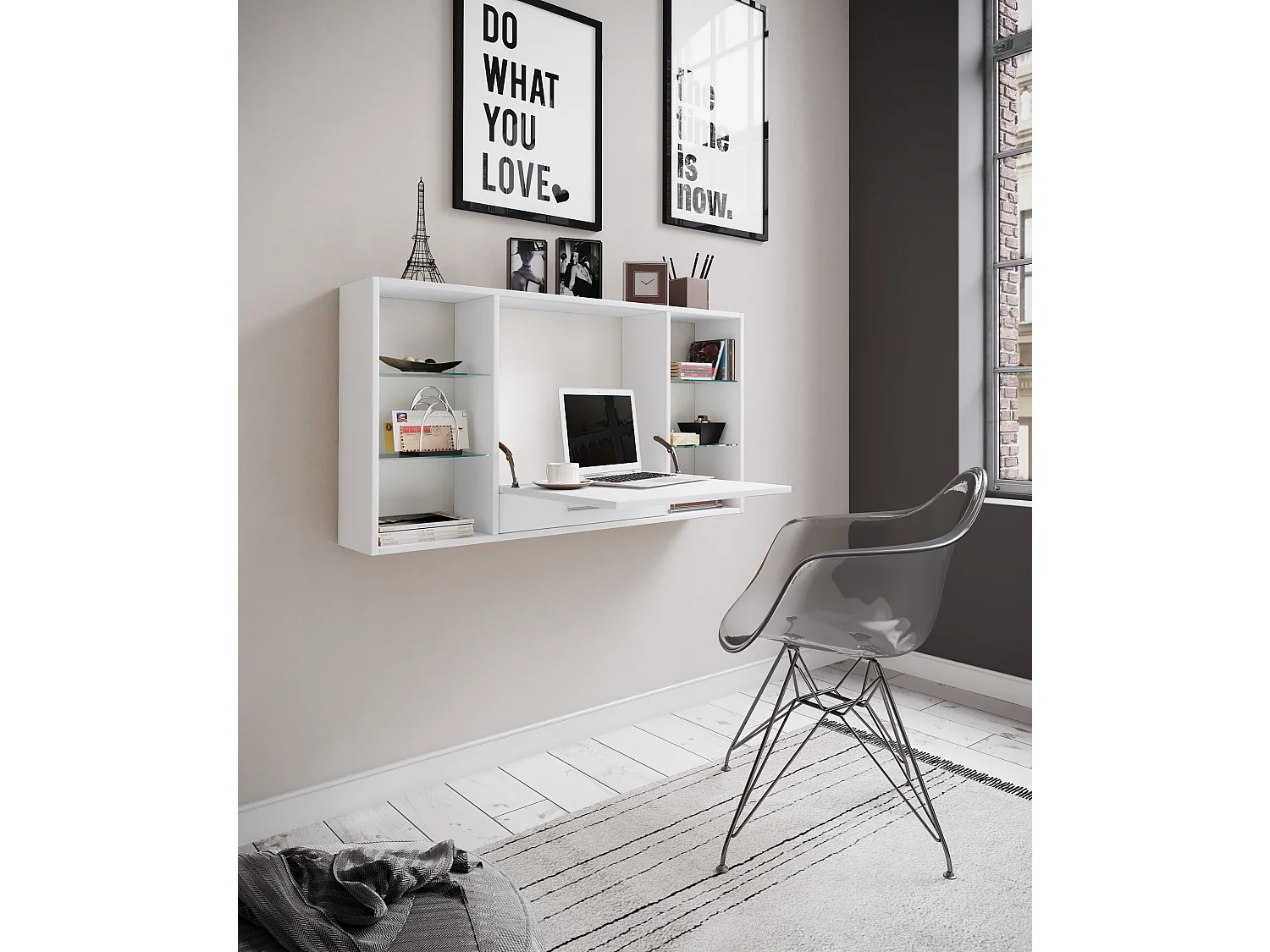 Escritorio Teala, tablero de escritura para montar en la pared, 6 compartimentos y 1 cajón, color blanco.