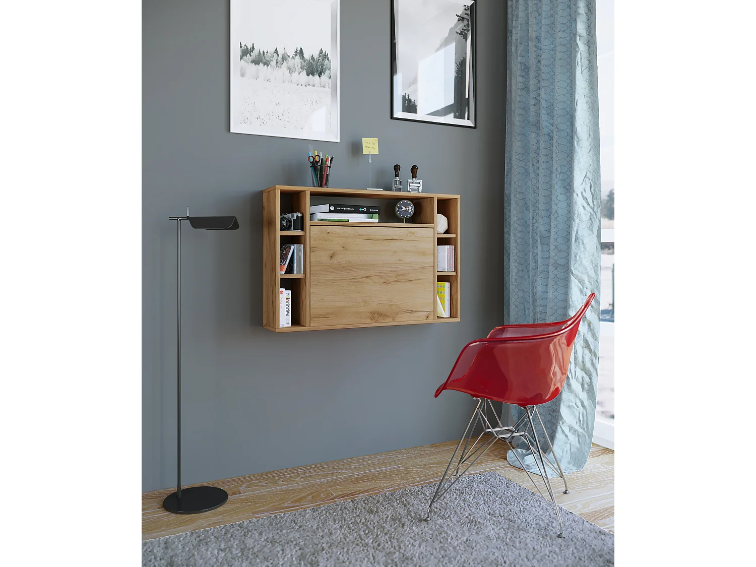 Wandila Bureau mural pour ordinateur portable, 7 compartiments, imitation chêne miel.