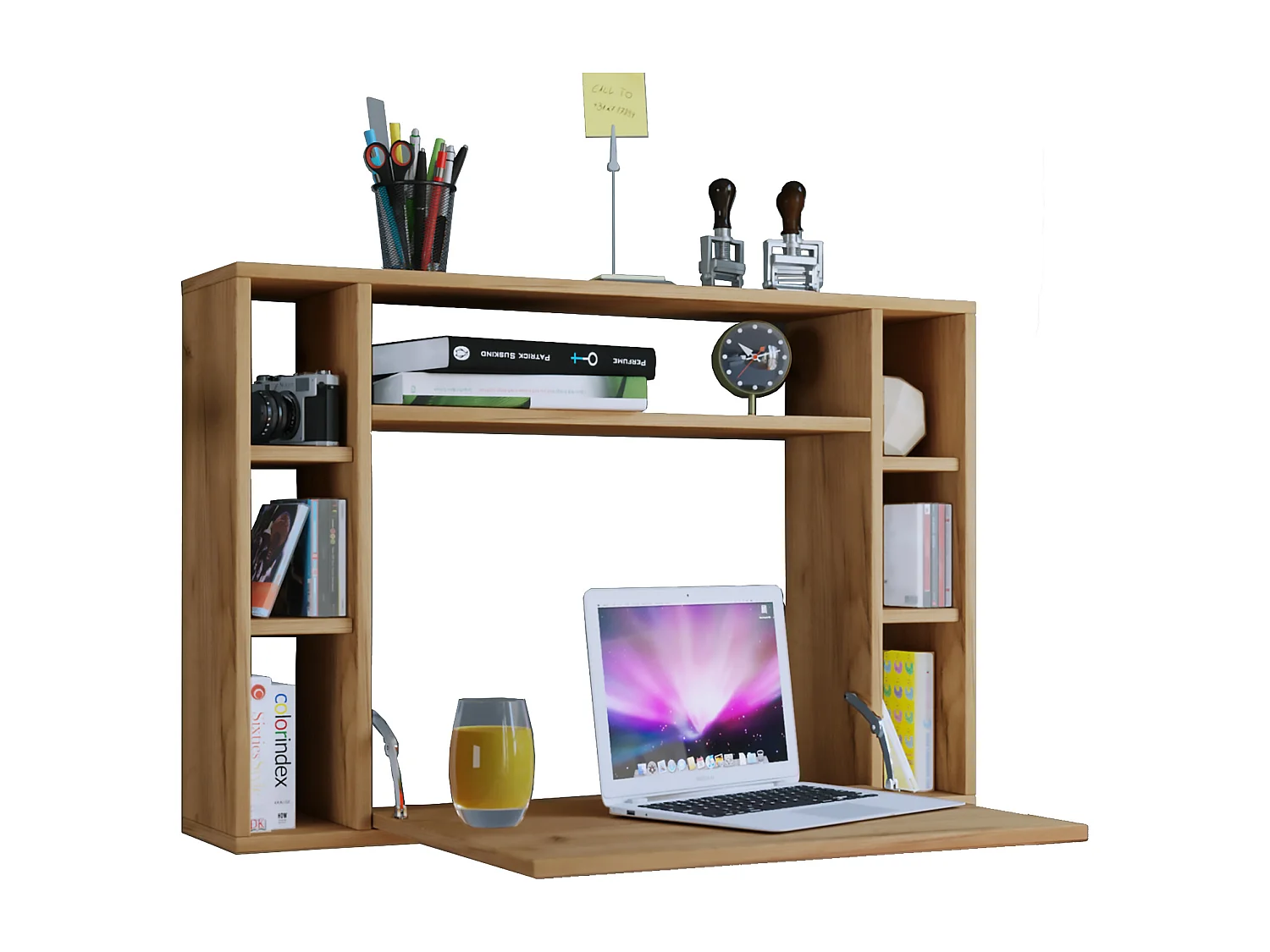 Wandila Bureau mural pour ordinateur portable, 7 compartiments, imitation chêne miel.