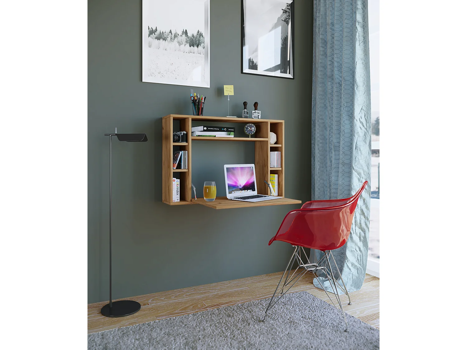 Wandila Bureau mural pour ordinateur portable, 7 compartiments, imitation chêne miel.