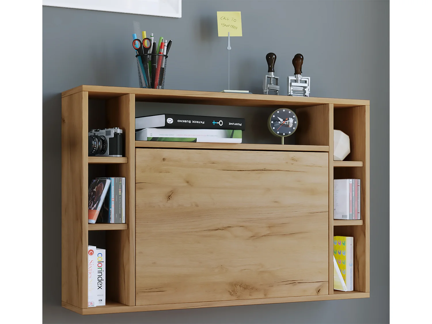Wandila Bureau mural pour ordinateur portable, 7 compartiments, imitation chêne miel.